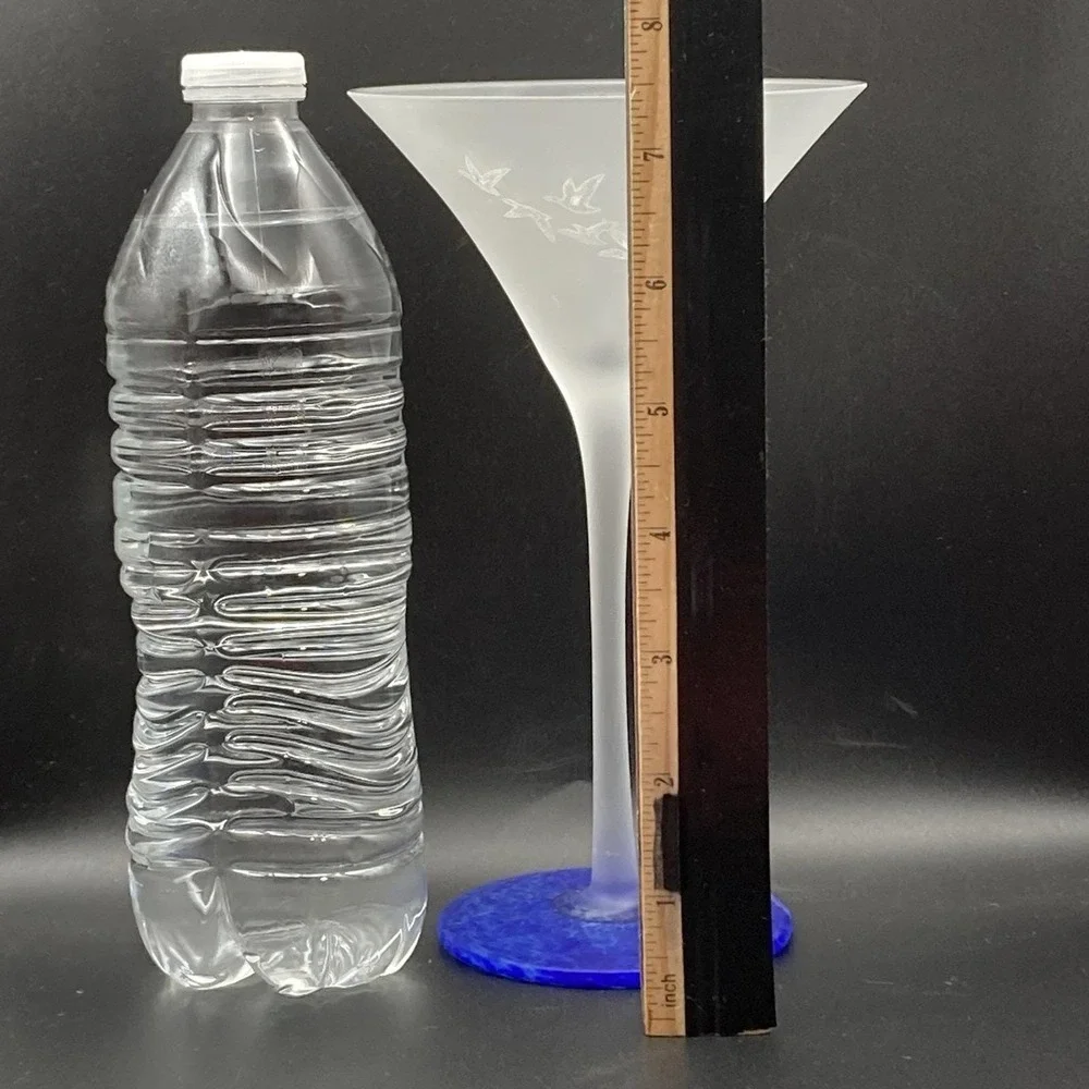 2 Grey Goose Vodka Frosted Martini Glass Cobalt Blue Swirl Base Flying Geese #5